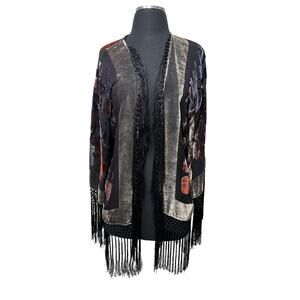 Arias A Vintage Silk Velvet Burnout Piano Fringe Kimono Sleeves Floral Boho S-L
